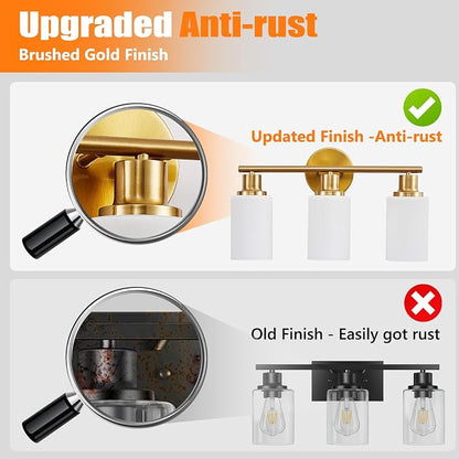 DLLT 3-Light Bathroom Light Fixtures: Gold Modern Vanity Lights with E26 Bulbs - Milky White Glass Shade Bathroom Wall Lamp for Mirror Kitchen Living Room Hallway Cabinet Porch