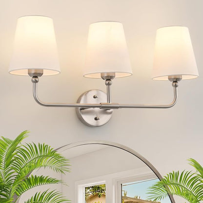 Bathroom Light Fixtures, 3-Light Brushed Nickel Vanity Lights, 25" Bathroom Lighting Fixtures Over Mirror with White Flared Fabric Shade, Modern Wall Sconces for Bathroom Bedroom Living Room Hallway