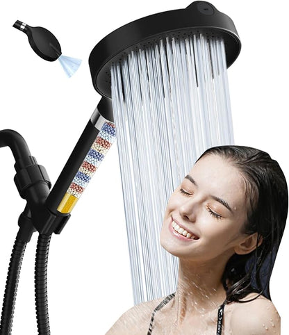6“ Filtered Shower Head with Handheld, 6-Spray High Pressure Shower Head with Filter for Hard Water, Detachable Handheld Showerhead with Hose and Shower Arm Bracket, Matte Black