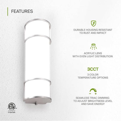 ASD LED 18" Vanity Flush Mount Light Fixture, Linear Bathroom Lighting Bar | 3CCT, Dimmable, ETL Listed | 20W 2300LM 3000-5000K 100-277V | Long Tube Bath Wall Sconce Over Mirror | Nickel