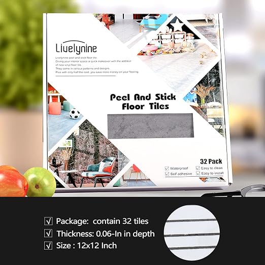Livelynine 32-Pack Cement Slate Peel and Stick Floor Tile Waterproof Vinyl Flooring Tiles Sticky Flooring Tiles for Bathroom Kitchen Gray Self Adhesive Floor Tiles Laminate Flooring Linoleum 12X12 in