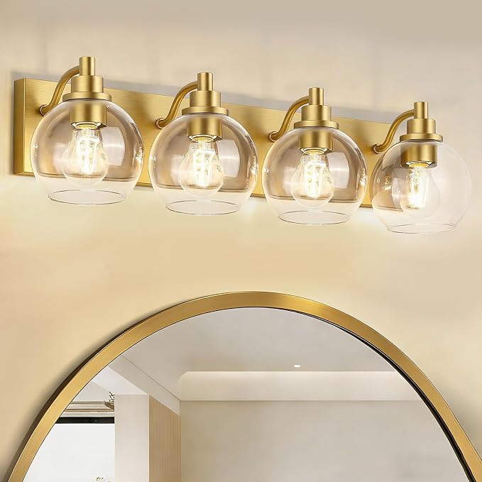 IZORRO Bathroom Light Fixtures, 4-Light Brushed Gold Vanity Light, Modern Wall Sconces with Globe Clear Glass Shade, Vanity Lighting Fixtures Over Mirror,E26 Bulb Socket