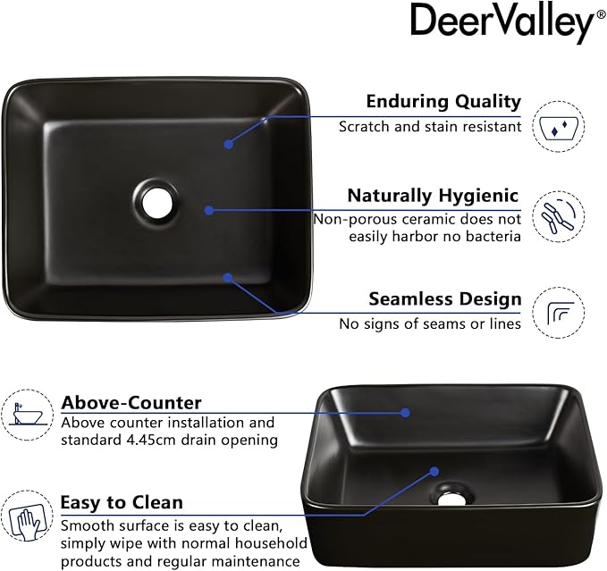DeerValley Ally 19x15 Inch Matte Black Rectangular Vessel Sink, Above Counter Ceramic Bathroom Basin, DV-2V031