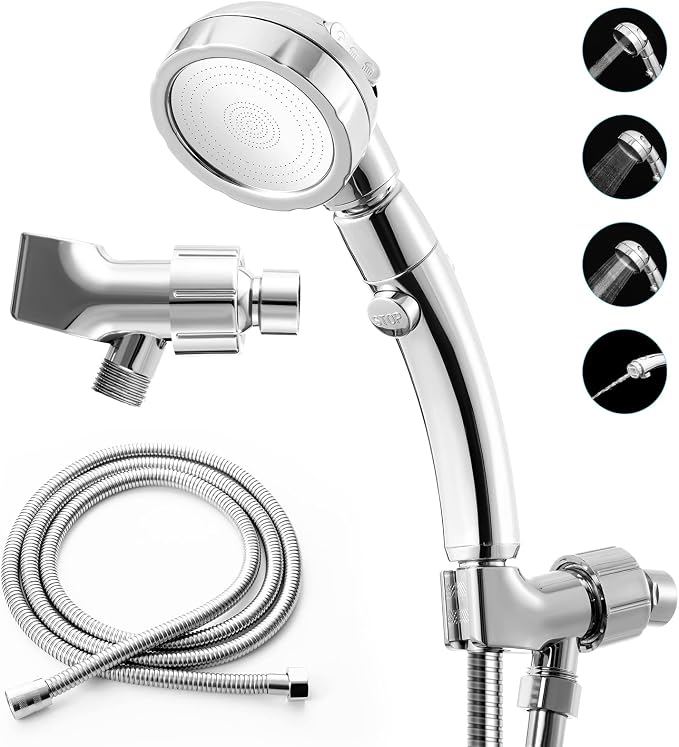 Marbrasse High Pressure Shower Head with Hose and Holder, 3-Settings Handheld Showerhead with Push Switch and Button to Control Water Flow for Saving Water,Removable Camper Shower Head
