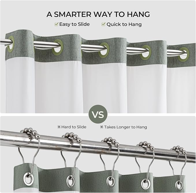 River Dream Linen Textured No Hooks Shower Curtain with Liner,Green,71x74 | Mesh Top Window,with Snap-in Liner,Heavy Duty Fabric,Quick Dry,Bottom Magnets,Water-Repellent,Washable,Farmhouse Bathroom Set