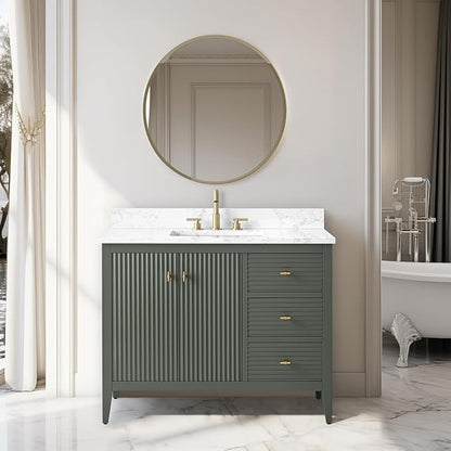 Vanity Art 42 inch Bathroom Vanity with Single Sink & Ceramic Top, Vanity Cabinet with Soft-Closing Door, Solid Wood Frame, Linear Pattern, Vintage Green, Golden Brushed Handware VA9142-VG-GB