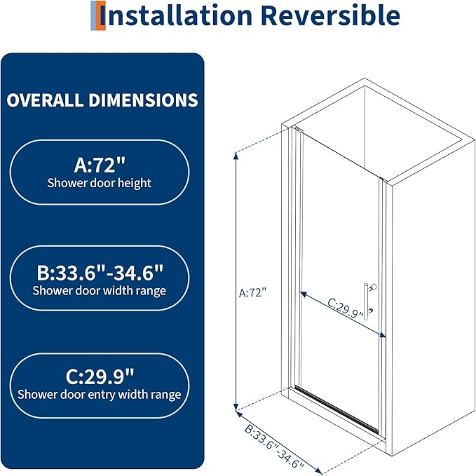 34" W x 72" H Frameless Pivot Shower Door - 1/4" Tempered Glass with Matte Black Frame, Single Swing Door for Modern Bathroom,Waterproof & Easy to Clean