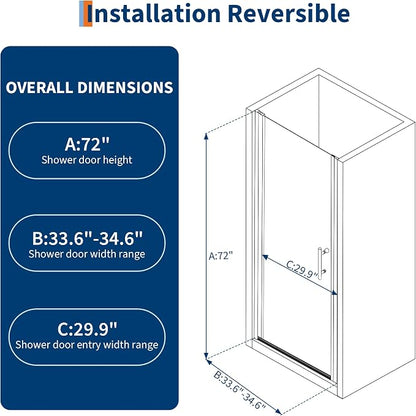 34" W x 72" H Frameless Pivot Shower Door - 1/4" Tempered Glass with Silver Frame, Single Swing Door for Modern Bathroom，Waterproof & Easy to Clean