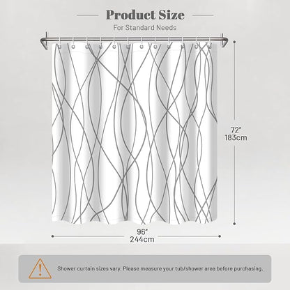 Striped Shower Curtain for Bathroom, Grey White, 96" W x 72" L | with Hooks, Modern Hotel Style, Water Repellent, Washable, Weighted Hem