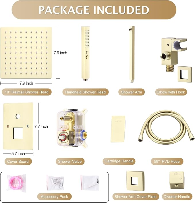 Rain Shower System, 8''Square Rain Head,2-Spray Handheld,Gold | 2 Spray Functions,Anti-Tangle Explosion-proof PVD Hose,Balance Temp Valve,Rust-proof & Scratch-resistant