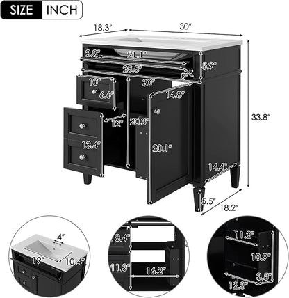 Merax 30 inch Bathroom Vanity with Ceramic Sink, Solid Wood Frame Modern Bathroom Sink Storage Cabinet with 2 Drawers and a Tip-Out Drawer, Single Sink Bathroom Vanities, Black