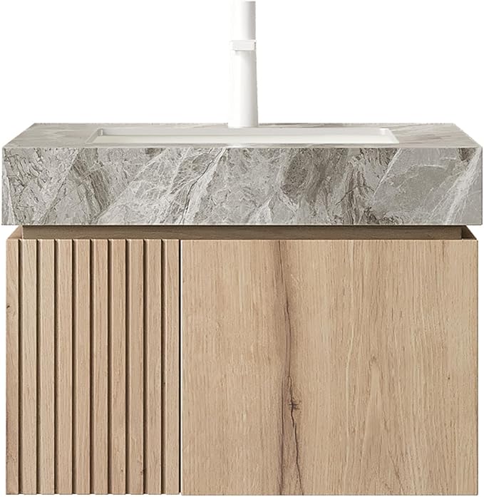 KEIKI 24 Inch Floating Bathroom Vanity with Sink, White Oak & Grey | Modern Wall Mounted Storage Cabinet with 2 Doors, Pre-assembled Wood Panels, Sintered Stone Top & Ceramic Basin Combo Set