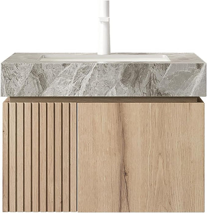 KEIKI 24 Inch Floating Bathroom Vanity with Sink, White Oak & Grey | Modern Wall Mounted Storage Cabinet with 2 Doors, Pre-assembled Wood Panels, Sintered Stone Top & Ceramic Basin Combo Set