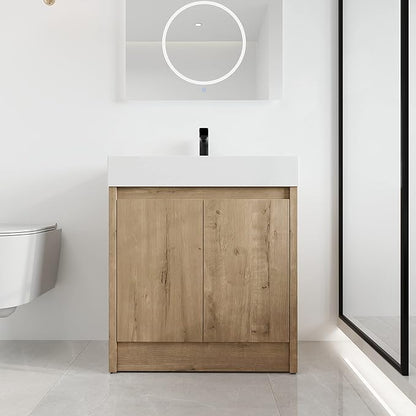 30 Inch Bathroom Vanity with Sink, 30" Mordern Freestanding Bathroom Vanity, Bathroom Single Sink Vanity Combo, Brown Floor Stand Bath Cabinet Set with Soft-Closing Doors, Adjustable Shelf (03630MA)