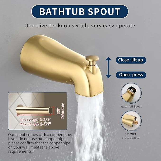 Dual Shower Faucet Set with Tub Spout Tub and Shower Faucet Set Complete Dual Shower Head and Handheld Combo Shower System with Tub Spout Tub and Shower Trim Kit Brushed Gold