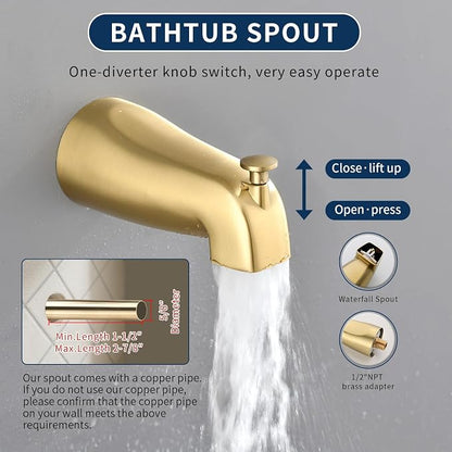 Dual Shower Faucet Set with Tub Spout Tub and Shower Faucet Set Complete Dual Shower Head and Handheld Combo Shower System with Tub Spout Tub and Shower Trim Kit Brushed Gold