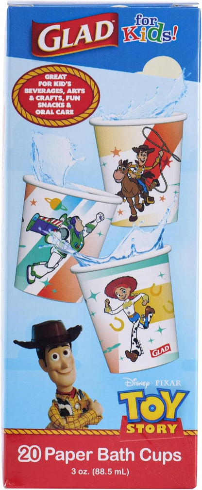 Glad for Kids Disney Pixar Toy Story Mini Paper Cups, 3 Oz, 20 Count, 18-Pk | Soak-proof bathroom rinse cups sized for little hands, colorful Toy Story characters