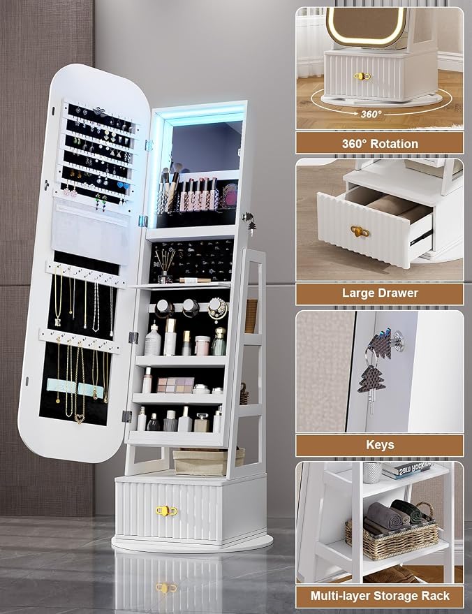 Jewelry Cabinet with RGB Mirror and Foldable Makeup Shelf - White | SKKTKT Standing Jewelry Armoire - Rotating Storage, RGB Mirror and Foldable Makeup Shelf