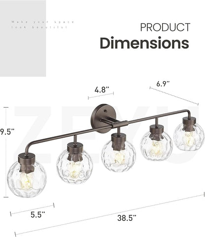 zeyu 38.5-Inch 5-Light Vanity Lights for Bathroom Fixture, ZS62BG-5W ORB-WG | Bathroom Lighting Fixtures Over Mirror, Water Ripple Globe Glass, Up Or Down Mount, Hardwired, 5 E26 Bulbs Up To 60W Each