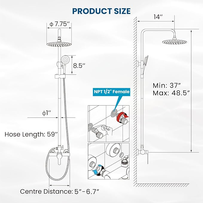 gotonovo Outdoor Shower 304 Stainless Steel, Brushed Nickel, Single Handle | Rain 8 Inch Outdoor Shower Head with Handheld Kit Fixtures System Faucet Set with Valve Wall Mount for Seaside Backyard Pool
