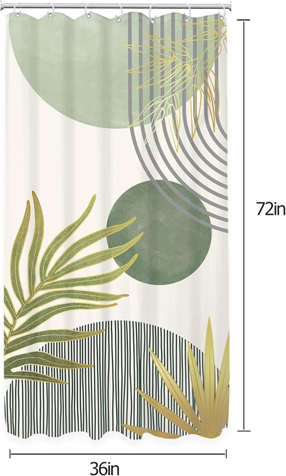 KOMLLEX Mid Century Mint Green Boho Small Stall Bathroom Shower Curtain Set | 36Wx72H Half Abstract design, waterproof HD print with fast-drying fabric and 12 hooks.