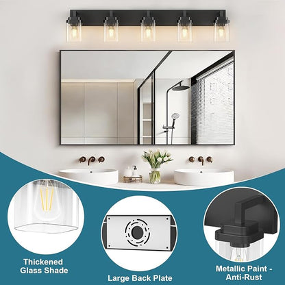 Matte Black Bathroom Light Fixtures, Modern Vanity Lights with Clear Glass Lamp Shade, Bathroom Lighting Fixtures Over Mirror, Restroom Vanity Lighting Fixture, 5-Light 36 Inch