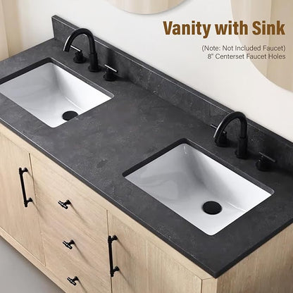 60 Inch Bathroom Vanity with Double Sink & Black Ceramic Top, MDF Material Vanity Cabinet with Basin Combo, Soft-Closing Doors, Removable Shelf, Backsplash