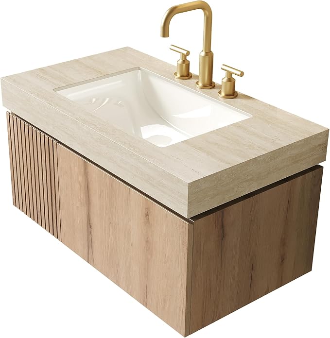 KEIKI 36 Inch Floating Bathroom Vanity with Sink, Modern Wall Mounted Storage Cabinet with Drawer, Pre-assembled Waterproof Wood Panels, Sintered Stone Top & Ceramic Basin Combo Set, White Oak & Beige