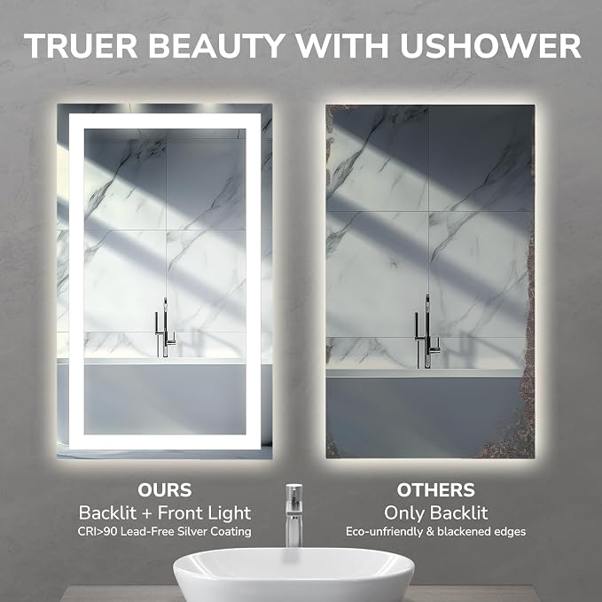 48x32 Inch LED Bathroom Mirror for Over Sink | Tempered Glass - Frameless Backlit Lighted Mirror for Bathroom Vanity with Anti-Fog, 3 Colors Dimmable, Memory Function