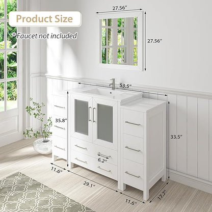 Vanity Art 54 Inch Under Mount Single Sink Bathroom Vanity Cabinet with 1 Mirror, Ceramic Top Bathroom Cabinet Compact Set with 8 Dovetail Drawers and Brushed Nickel Handles, VA3030-54-W