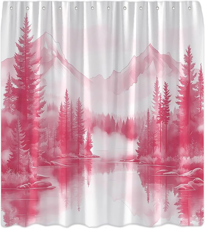 Pink Misty Forest Shower Curtain Mountain Foggy Pine Trees Landscape Watercolor Jungle Plant Rustic Nature Scenery Lake Fabric Bathroom Curtain Set with Hook