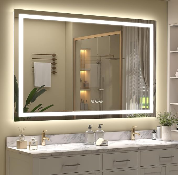 60x40 LED Lighted Bathroom Mirror for Vanity Wall | Front Light and Backlit, Anti-Fog, Memory, 3 Color, Tempered Glass, Dimmable, Rectangular, UL, Horizontal/ Vertical Mounted