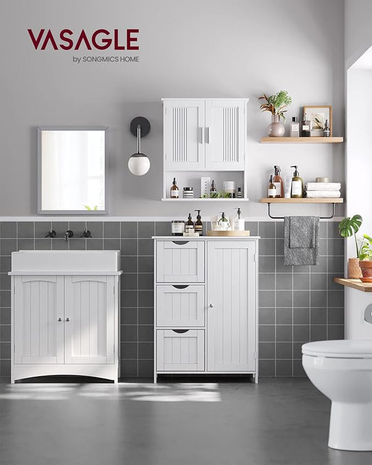 VASAGLE Floor Storage Cabinet, Freestanding Storage Unit with 3 Drawers, 1 Adjustable Shelf, for Bathroom Living Room Dining Kitchen, 11.8 x 23.6 x 31.5 Inches, Cloud White UBBC049WH01S