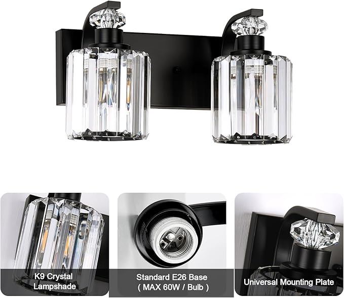 Black Bathroom Light Fixtures with K9 Crystal Lampshade Bathroom Lighting Over Mirror Vanity Lights for Living Room,Bedroom,Restroom,Hallway 2 Lights