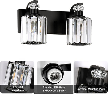 Black Bathroom Light Fixtures with K9 Crystal Lampshade Bathroom Lighting Over Mirror Vanity Lights for Living Room,Bedroom,Restroom,Hallway 2 Lights