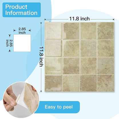 Art3d 10-Pack Heavy-Duty Peel and Stick Backsplash, 12x12 Inch Self-Adhesive Wall Tile Stick on Kitchen Countertop, Khaki
