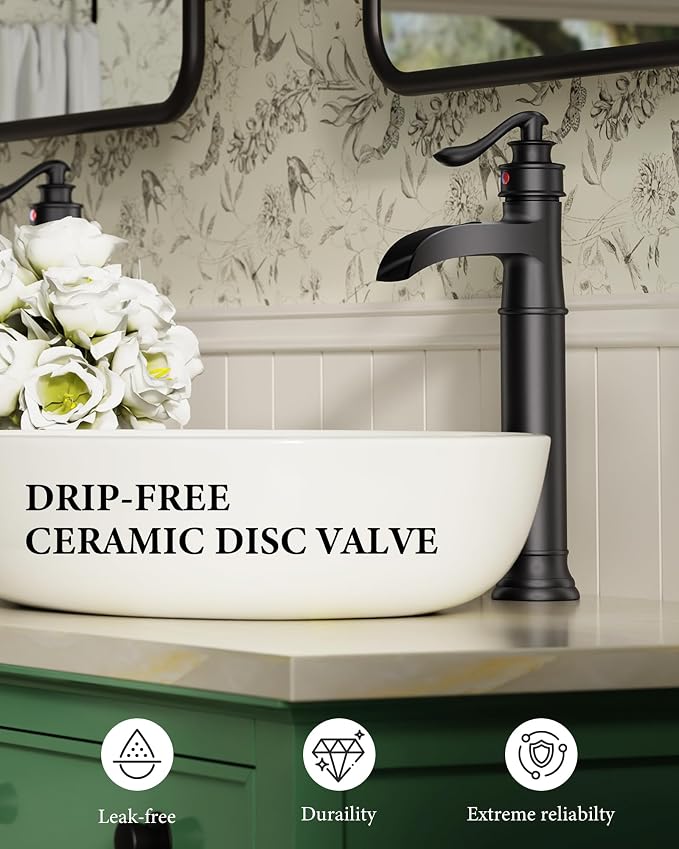 Matte Black Vessel Sink Faucets Waterfall Bathroom Faucet Single Handle | 1 Hole Brass for Lavatory Farmhouse with Pop Up Drain Mixer Tap Without Overflow Supply Line by Homevacious