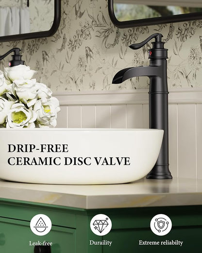 Matte Black Vessel Sink Faucets Waterfall Bathroom Faucet Single Handle | 1 Hole Brass for Lavatory Farmhouse with Pop Up Drain Mixer Tap Without Overflow Supply Line by Homevacious