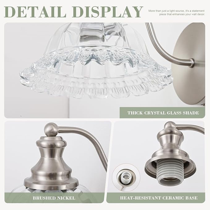 Vintage Wall Sconce Light, Brushed Nickel Bathroom Sconces Wall Lighting, Antique Wall Light Fixture with Clear Flower Glass Shades, Indoor Wall Sconces for Living Room Bedroom, 1-Light Wall Lamp