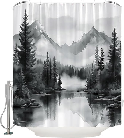 Black White Misty Forest Shower Curtain Mountain Foggy Pine Trees Landscape Watercolor Jungle Plant Rustic Nature Scenery Lake Fabric Bathroom Curtain Set with Hook