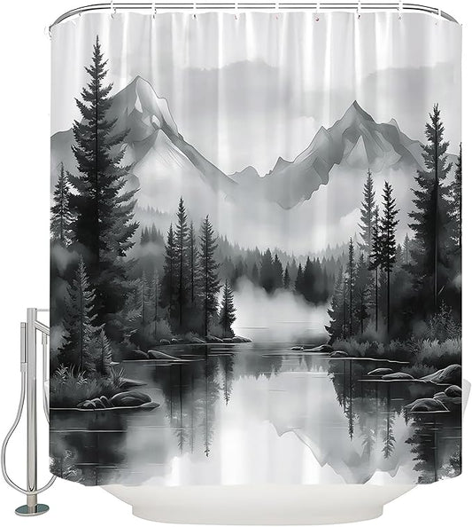 Black White Misty Forest Shower Curtain Mountain Foggy Pine Trees Landscape Watercolor Jungle Plant Rustic Nature Scenery Lake Fabric Bathroom Curtain Set with Hook