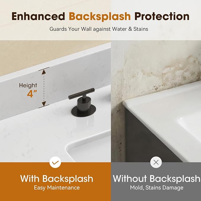 48 Inch Bathroom Vanity with Sink, Light Oak | Fully Pre-Assembled, Solid Wood Bathroom Cabinet, Marble Countertop & Backsplash, Soft Closing 2 Doors & 3 Drawers