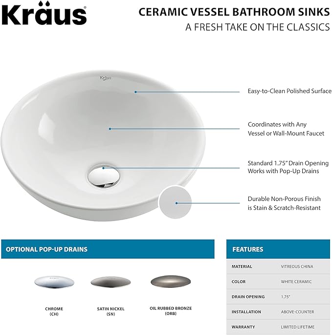 Kraus KCV-141-CH White Round Ceramic Sink with Pop Up Drain, Chrome