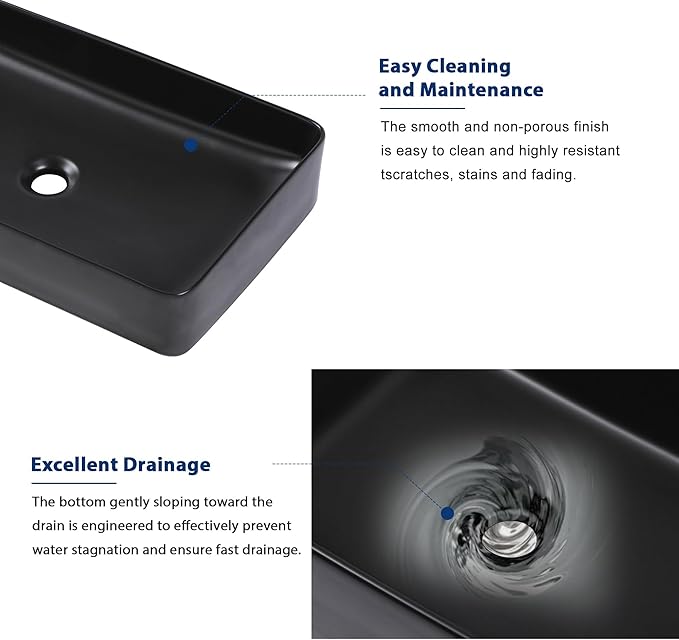 Sarlai Black Vessel Sink Rectangular - 24"x14" Modern Bathroom Vessel Sink Rectangle Above Counter Black Ceramic Porcelain Lavatory Vanity Sink Art Basin