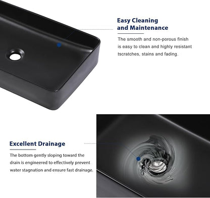 Sarlai Black Vessel Sink Rectangular - 24"x14" Modern Bathroom Vessel Sink Rectangle Above Counter Black Ceramic Porcelain Lavatory Vanity Sink Art Basin