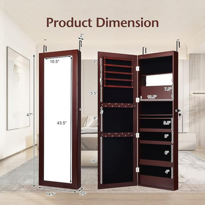 COSTWAY 12 LEDs Mirror Jewelry Cabinet, Wall/Door Mounted Jewelry Organizer Cabinet with 53.5” Full Length Mirror & Large Storage Capacity, Lockable Jewelry Armoire for Women Girls (Brown)