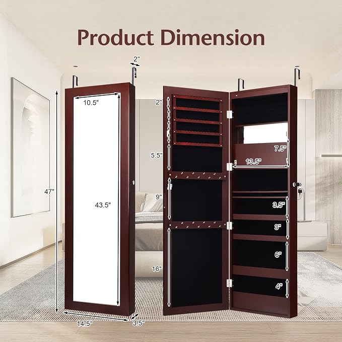NAFORT 15 LEDs Lockable Mirror Jewelry Armoire Organizer, Christmas Gift Wall Door Mounted Storage Cabinet with Full-Length Mirror, Folding Tray,5 Storage Shelves, Brown