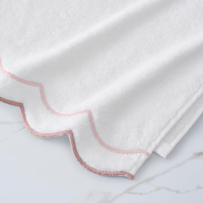 Peri Home 100% Cotton Hand Towel for Bathroom, Embroidered, Soft & Absorbent, 500 GSM, 1 Piece, 16" x 27", White with Blush Scallop | Bathroom, Embroidered, Soft & Absorbent