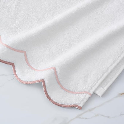 Peri Home 100% Cotton Hand Towel for Bathroom, Embroidered, Soft & Absorbent, 500 GSM, 1 Piece, 16" x 27", White with Blush Scallop | Bathroom, Embroidered, Soft & Absorbent