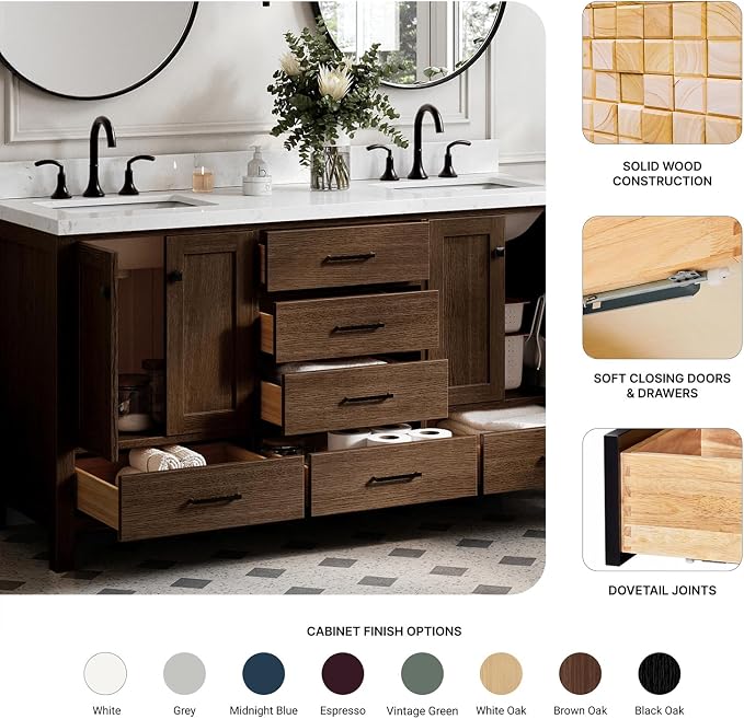 ARIEL Cambridge 66-inch Bathroom Vanity with Sink,Solid Wood, 1.5-inch Carrara White Quartz Countertop, Double Rectangular Porcelain Sink, 4 Soft Closing Doors, 6 Dovetail Drawers, Brown Oak